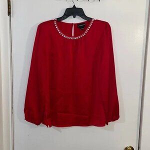 NWTLIZ CLAIBORNE  Size M red long sleeve blouse,rhinestones round neck